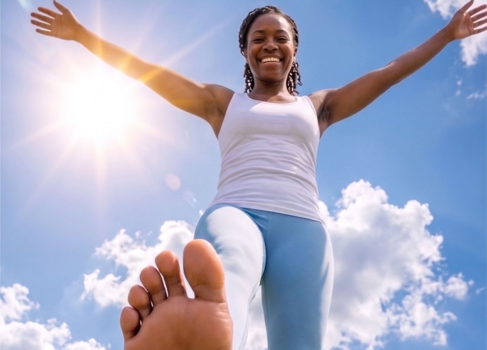 Smiling woman with arms spread under a bright summer sky, one bare foot raised toward the camera, cropped from Dryello's official product images